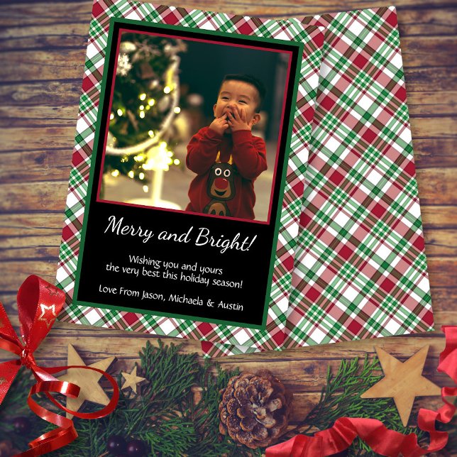 Cartes Pour Fêtes Annuelles Rustique Tartan Plaid Joyeux & Bright Photo Noël (In Situ with Decorations)