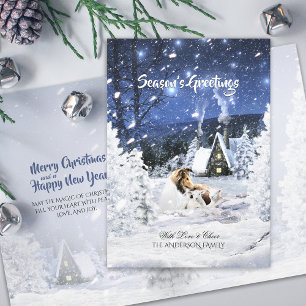 Cartes Pour Fêtes Annuelles Sable Rough Collie & Lambs Snowy Christmas Night -