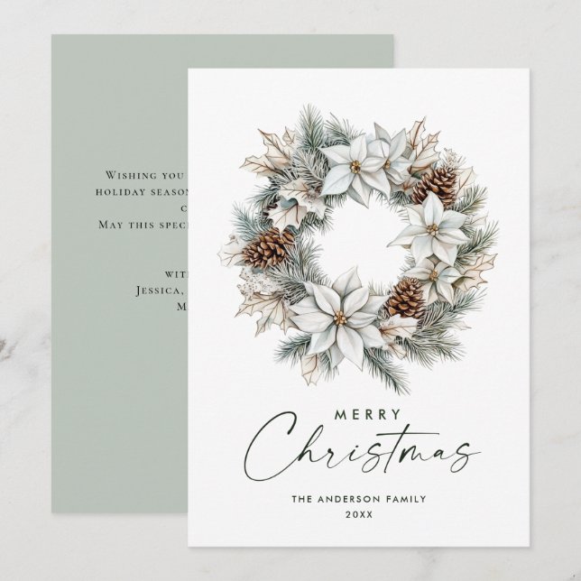 Cartes Pour Fêtes Annuelles Sage Green Boho Pine Cônes Christmas Wreath (Devant / Derrière)