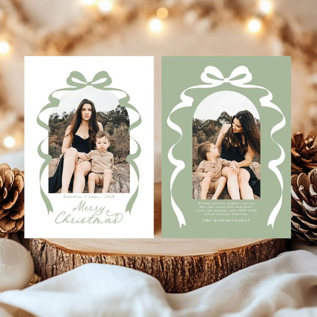 Cartes Pour Fêtes Annuelles Sage Green Bow Photo Joyeux Arche de Noël (Créateur téléchargé)