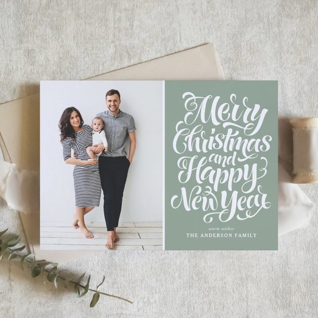 Cartes Pour Fêtes Annuelles Sage Green Joyeux Noël et Bonne Année Photo (Créateur téléchargé)