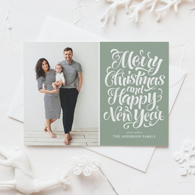 Cartes Pour Fêtes Annuelles Sage Green Joyeux Noël et Bonne Année Photo (Créateur téléchargé)