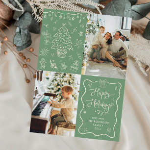 Cartes Pour Fêtes Annuelles Sage Green Main Tirée Icônes Joyeuses Vacances 2 P