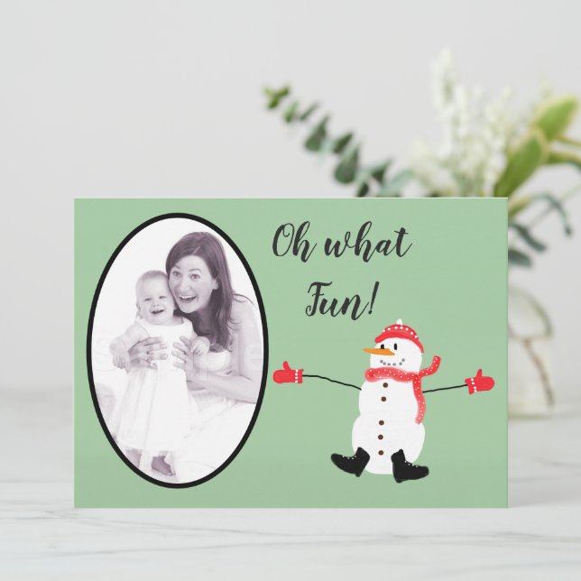 Cartes Pour Fêtes Annuelles Sage Green Oh ce plaisir Noël Snowman Photo (Debout devant)