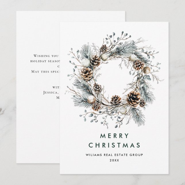 Cartes Pour Fêtes Annuelles Sage Green Pays Pine de Noël Cônes Wreath (Devant / Derrière)