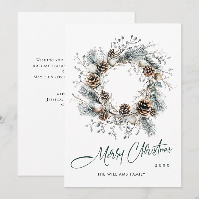 Cartes Pour Fêtes Annuelles Sage Green Pays Pine de Noël Cônes Wreath (Devant / Derrière)
