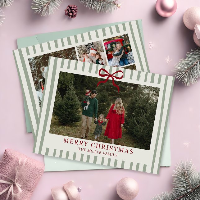 Cartes Pour Fêtes Annuelles Sage Stripe Family Photo Christmas Holiday Card (Créateur téléchargé)