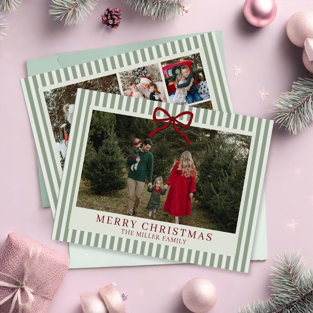 Cartes Pour Fêtes Annuelles Sage Stripe Family Photo Christmas Holiday Card (Créateur téléchargé)