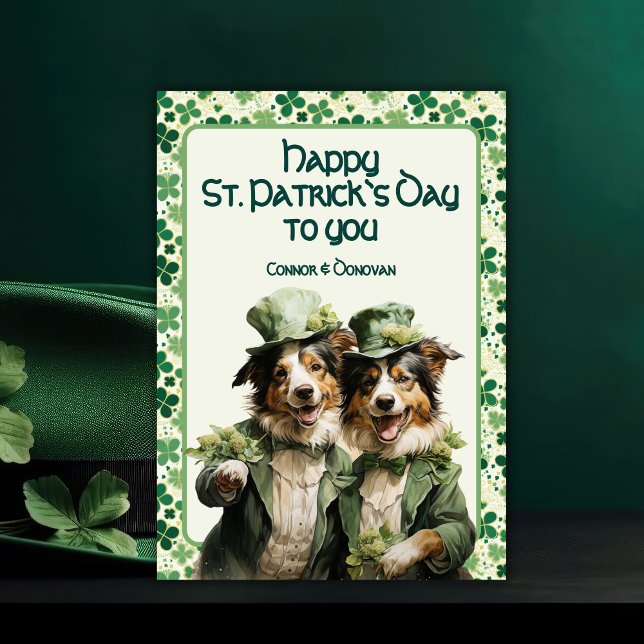 Cartes Pour Fêtes Annuelles Saint Patrick Cheerful Irish Paws Duo Chig (St. Patrick Cheerful Irish Paws Duo Dog Holiday Card)