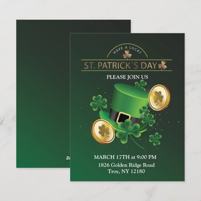 Cartes Pour Fêtes Annuelles Saint Patrick's Day Leprechaun Casquette Shamrock  (Devant / Derrière)