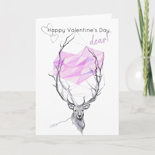 Cartes Pour Fêtes Annuelles Saint-Valentin, coeur géométrique rose et cerf (Devant)