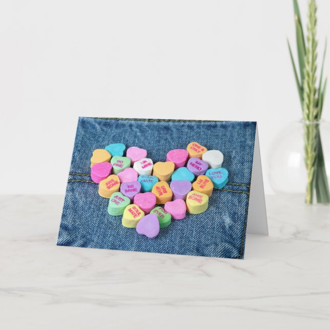 Cartes Pour Fêtes Annuelles Saint Valentin Coeurs Bonbons Sur Denim (Devant)