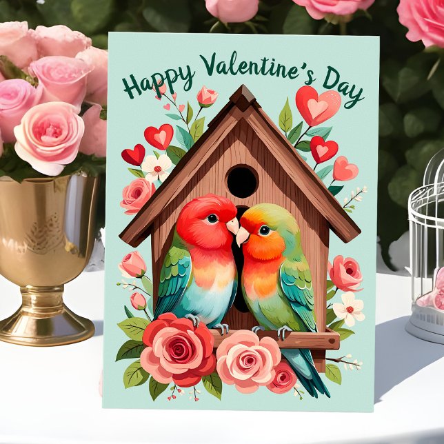 Cartes Pour Fêtes Annuelles Saint-Valentin Lovebirds mignon Parrot Couple Coeu (Sweet lovebirds birdhouse valentine card for owner of pet love birds)