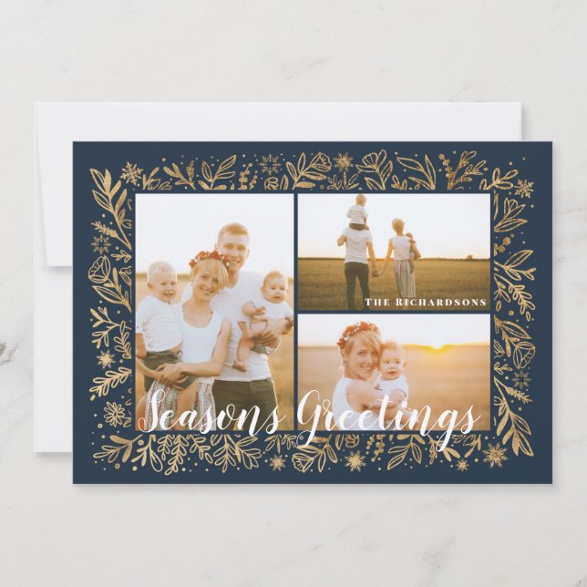 Cartes Pour Fêtes Annuelles Saisons Salutation Marine & Gold Foliage & Snowfla (Devant)