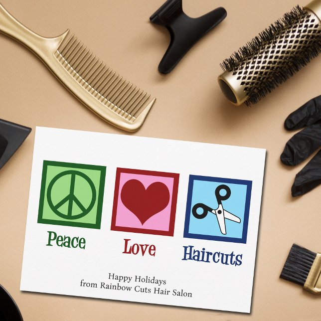 Cartes Pour Fêtes Annuelles Salon de Coiffure Personnalisé Peace Love Haircuts (Créateur téléchargé)