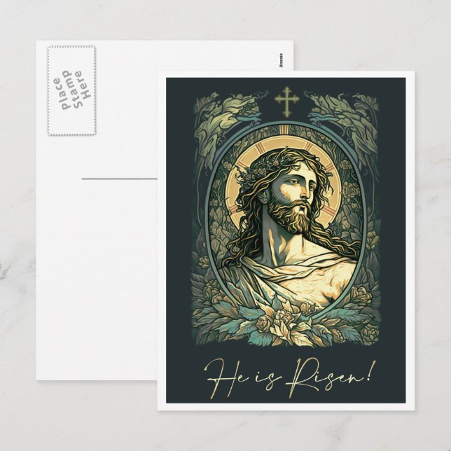Cartes Pour Fêtes Annuelles Salut est Risen ! Art Nouveau Jésus Peinture Pâque (Devant / Derrière)