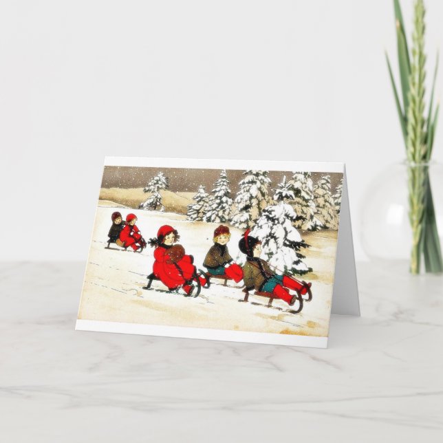 Cartes Pour Fêtes Annuelles Salutation de Noël avec les enfants neige slading (Devant)