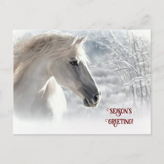 Cartes Pour Fêtes Annuelles Salutation de saison Cheval blanc et neige (Devant)