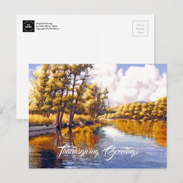 Cartes Pour Fêtes Annuelles Salutations d'action de grâces. Paysage d'automne (Devant / Derrière)
