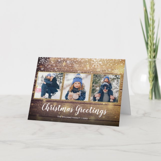 Cartes Pour Fêtes Annuelles Salutations de Noël 3 Photo Rustique Pays Bois (Devant)
