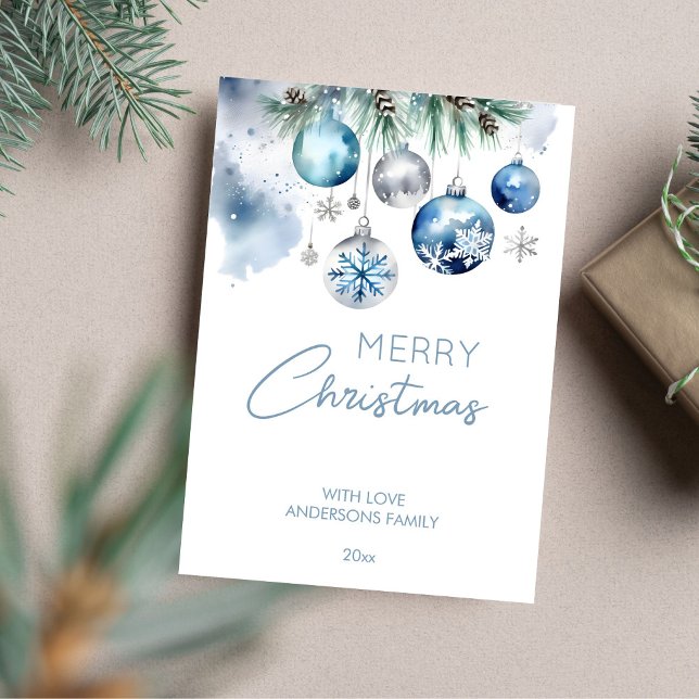 Cartes Pour Fêtes Annuelles Salutations de Noël argent bleu baubles (Merry Christmas template greeting card classical silver blue baubles snowy pines watercolor elegant )