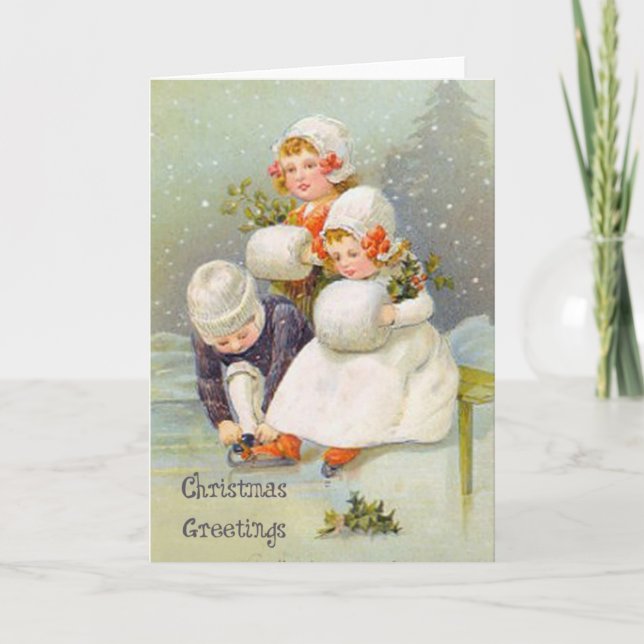 Cartes Pour Fêtes Annuelles Salutations de Noël Patinage sur glace Enfants (Devant)