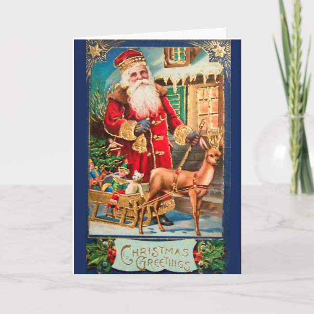 Cartes Pour Fêtes Annuelles Salutations de Noël - Père Noël et cerfs (Devant)