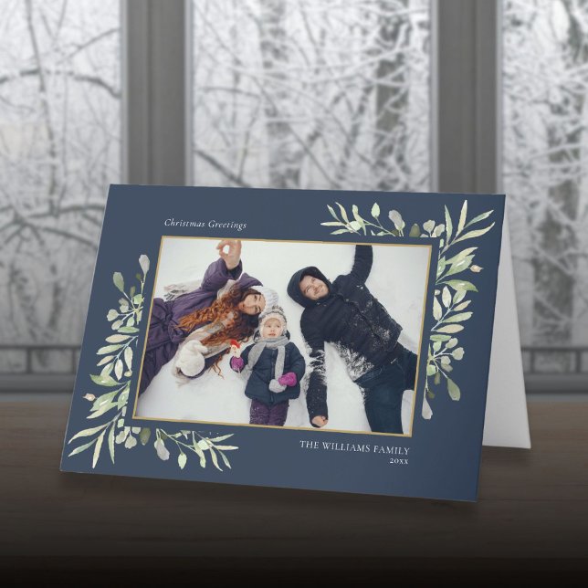 Cartes Pour Fêtes Annuelles Salutations de Noël Photo Élégante Verdure Moderne (Christmas Greetings Photo Elegant Greenery Modern Holiday Card)