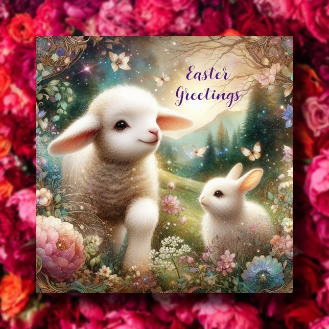Cartes Pour Fêtes Annuelles Salutations de Pâques Art Nouveau Lamb Bunny Woodl (Créateur téléchargé)