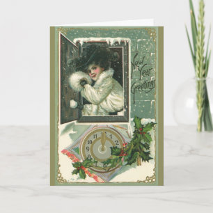 Cartes Pour Fêtes Annuelles Salutations du Nouvel An vintage, Fenêtre de Fille