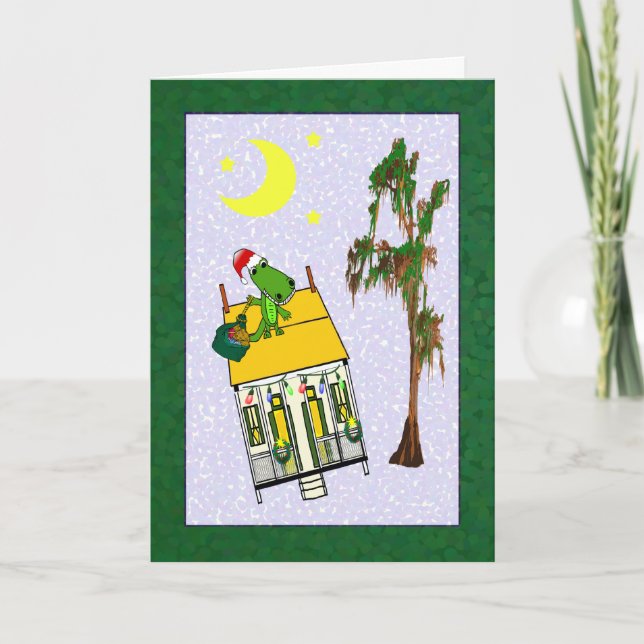 Cartes Pour Fêtes Annuelles Santa Alligator Cajun House Christmas (green) (Devant)