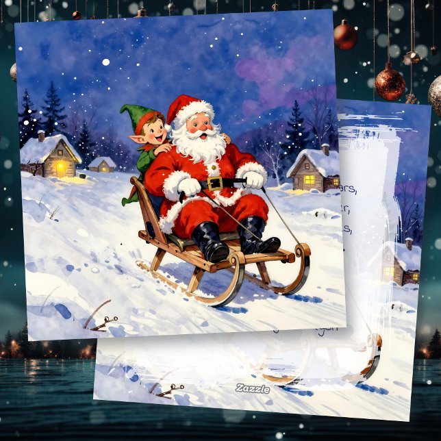 Cartes Pour Fêtes Annuelles Santa and Elf Sledding on Christmas Eve (Créateur téléchargé)