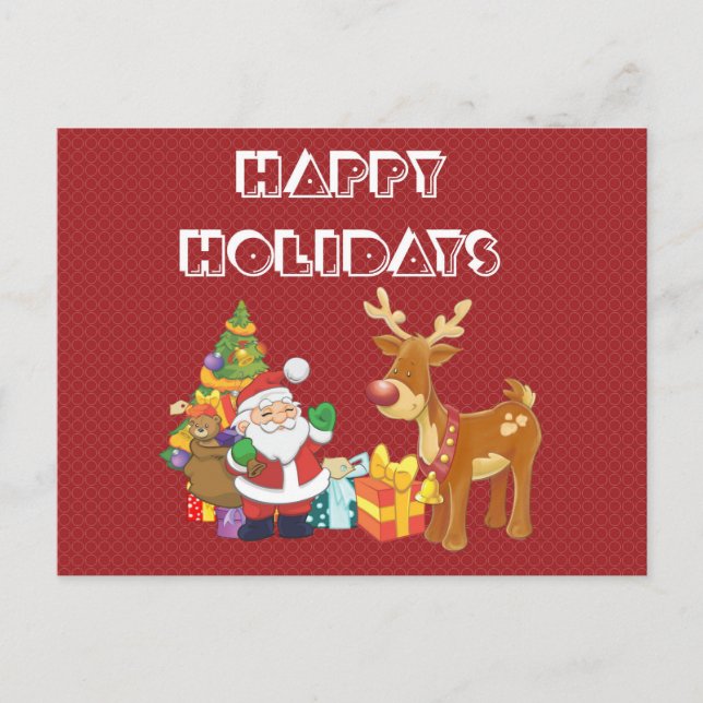 Cartes Pour Fêtes Annuelles Santa and Reindeer par Christmas Tree with Present (Devant)