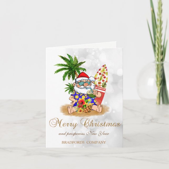 Cartes Pour Fêtes Annuelles Santa Claus cool, Palm Tree, Beach Bokeh (Devant)
