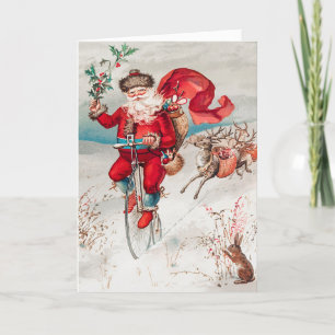 Cartes Pour Fêtes Annuelles Santa Claus équitation Vélo, Reindeer et Rabbit