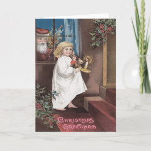 Cartes Pour Fêtes Annuelles Santa Claus Joli Petit Jouets Fille Holly