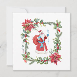 Cartes Pour Fêtes Annuelles Santa Claus, Red Poinsettia et Holly Berry