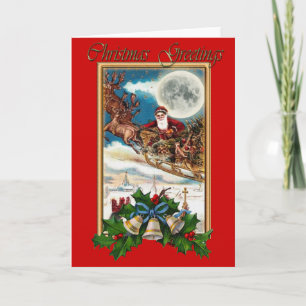 Cartes Pour Fêtes Annuelles Santa Claus, Sleigh & Holly Bells Christmas Card
