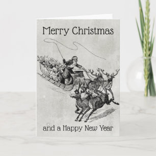Cartes Pour Fêtes Annuelles Santa Claus Sleigh & Reindeer Vieux Monochrome