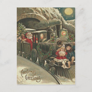 Cartes Pour Fêtes Annuelles Santa Claus Train Holly Garland Children
