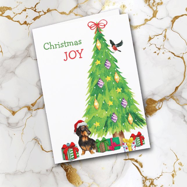 Cartes Pour Fêtes Annuelles Santa Hat Dachshund Chien et Arbre de Noël (Créateur téléchargé)