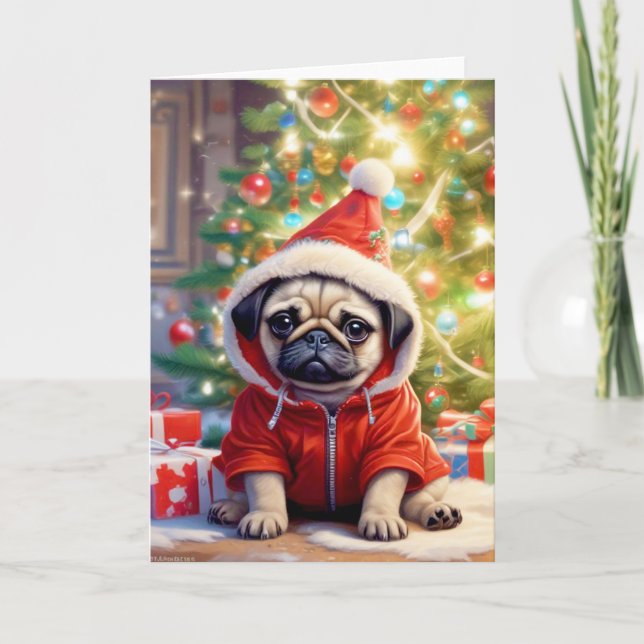 Cartes Pour Fêtes Annuelles Santa Pug sous l'arbre de Noël (Devant)