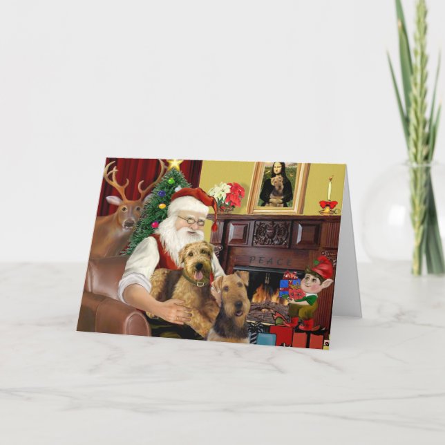 Cartes Pour Fêtes Annuelles Santas Deux Airedales (Devant)