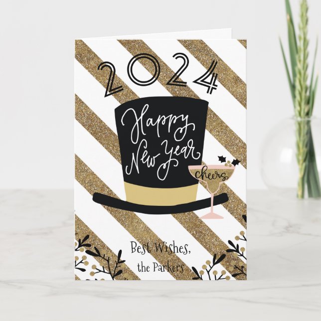 Cartes Pour Fêtes Annuelles Santé | Festive Gold Stripe Bonne année (Devant)