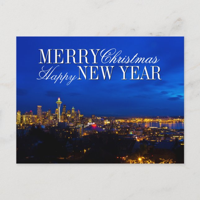 Cartes Pour Fêtes Annuelles Sapin de Noël de la Space Needle, Skyline de Seatt (Devant)