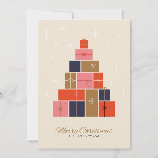 Cartes Pour Fêtes Annuelles Sapin de Noël en Pile de Cadeaux (Devant)