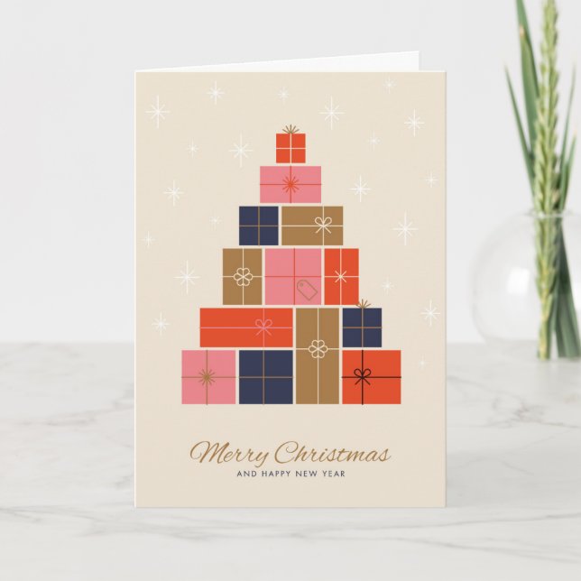 Cartes Pour Fêtes Annuelles Sapin de Noël en Pile de Cadeaux (Devant)