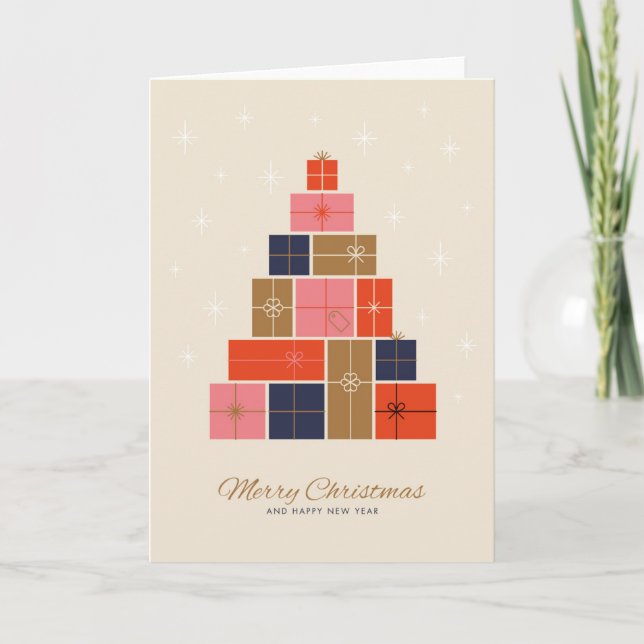 Cartes Pour Fêtes Annuelles Sapin de Noël en Pile de Cadeaux (Devant)