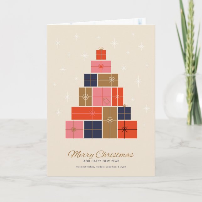 Cartes Pour Fêtes Annuelles Sapin de Noël en pile de cadeaux (Devant)