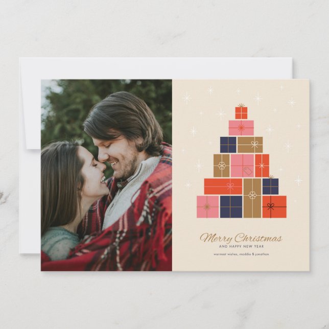 Cartes Pour Fêtes Annuelles Sapin de Noël en Pile de Cadeaux (Devant)